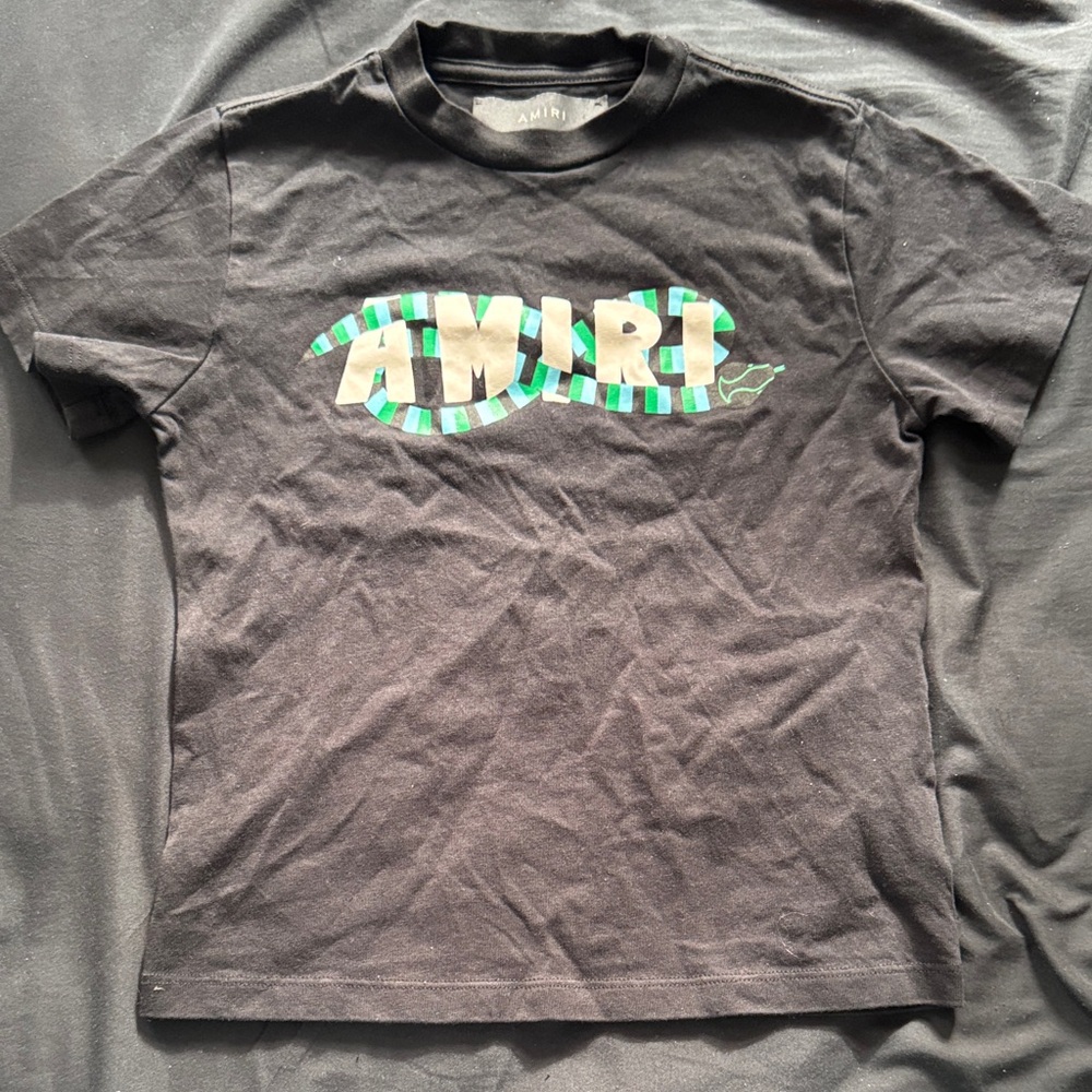 AMIRI Black Tee with Striped Green Logo
